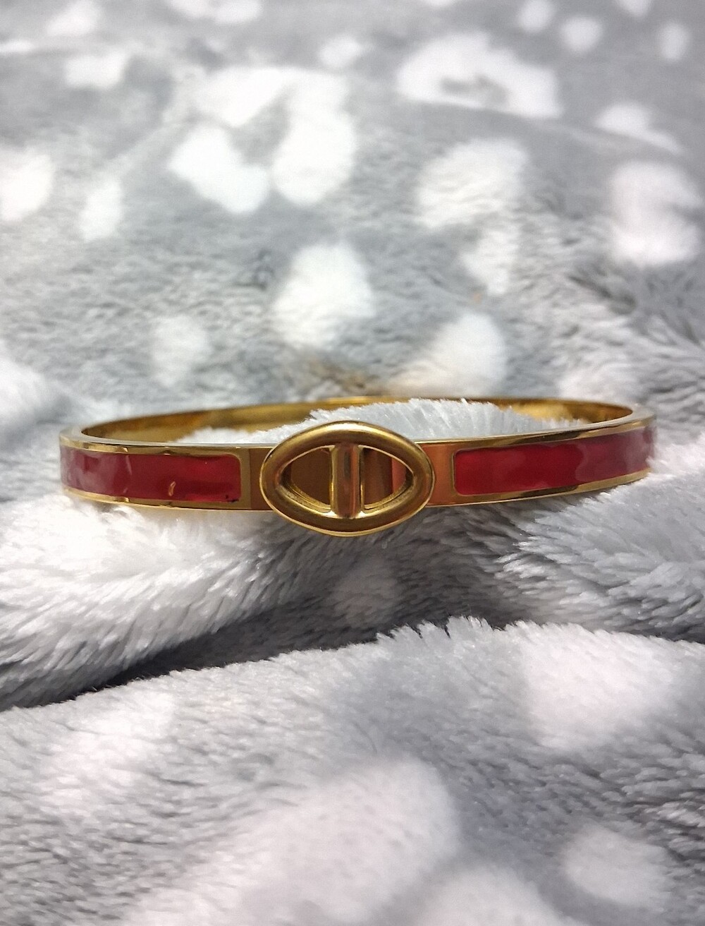 Gold-Tone Red Enamel Oval Center Bangle Bracelet